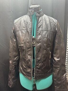 Black Embroidered Leather Jacket with Metal Hardware